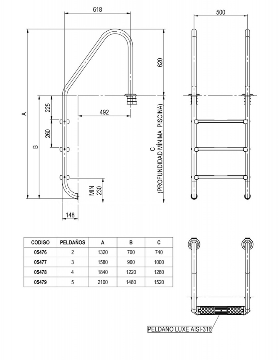 Ljestve STANDARD LUXE s 3 gazišta AISI-316